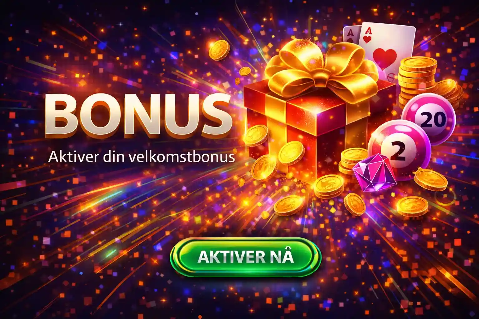 En rød gaveeske som åpnes med mynter og bingoballer for å aktivere casino velkomstbonus