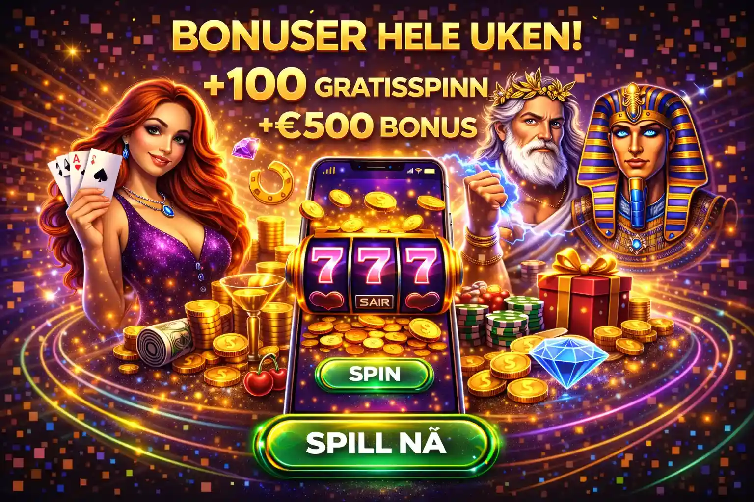 Zevs og kvinne som presenterer ukentlige bonuser og hundre gratisspinn på automater