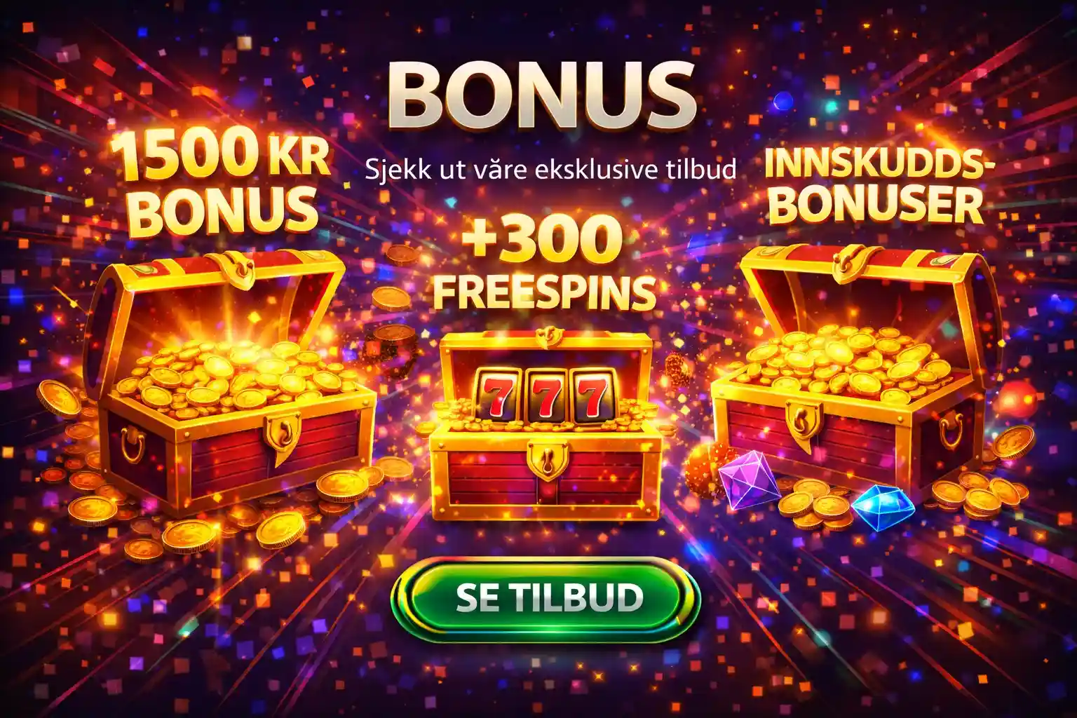 Tre skattekister fylt med gullmynter som viser gratisspinn og store innskuddsbonuser