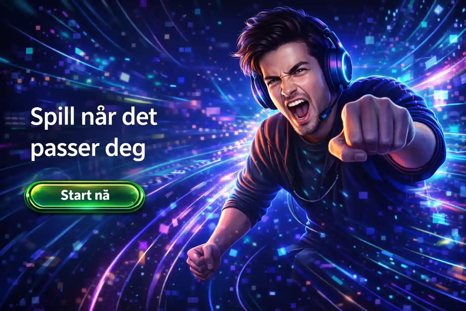 Entusiastisk gamer som illustrerer friheten og spenningen ved å spille online når det passer