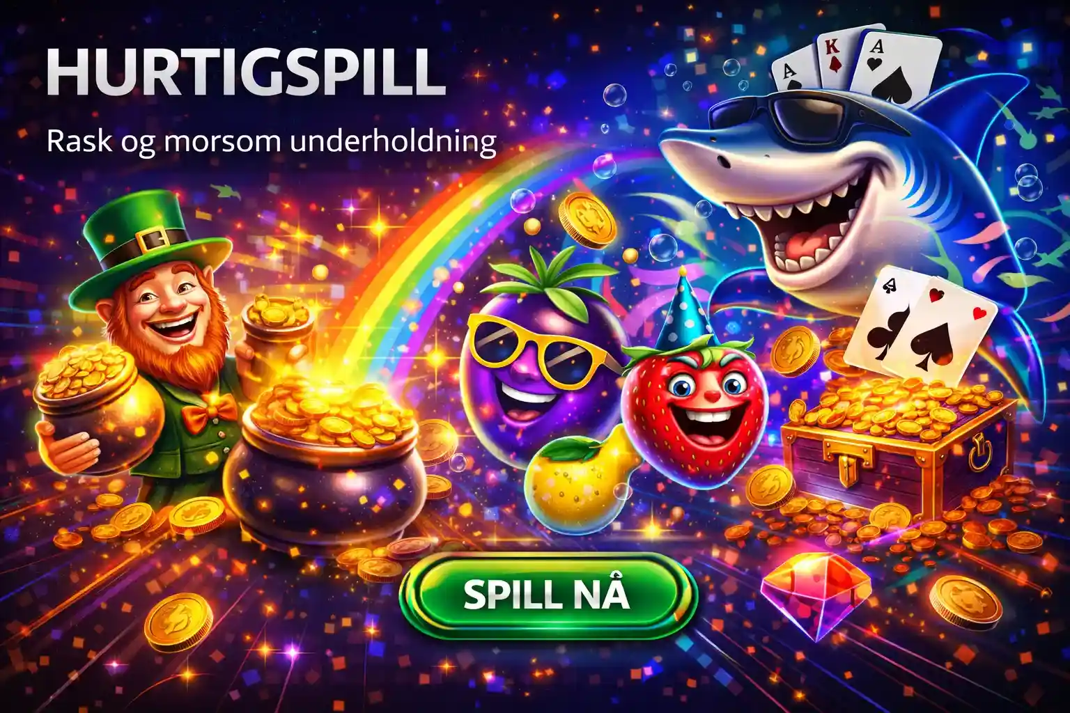 Hai og leprechaun figurer som representerer kjappe og morsomme casinospill med gevinster