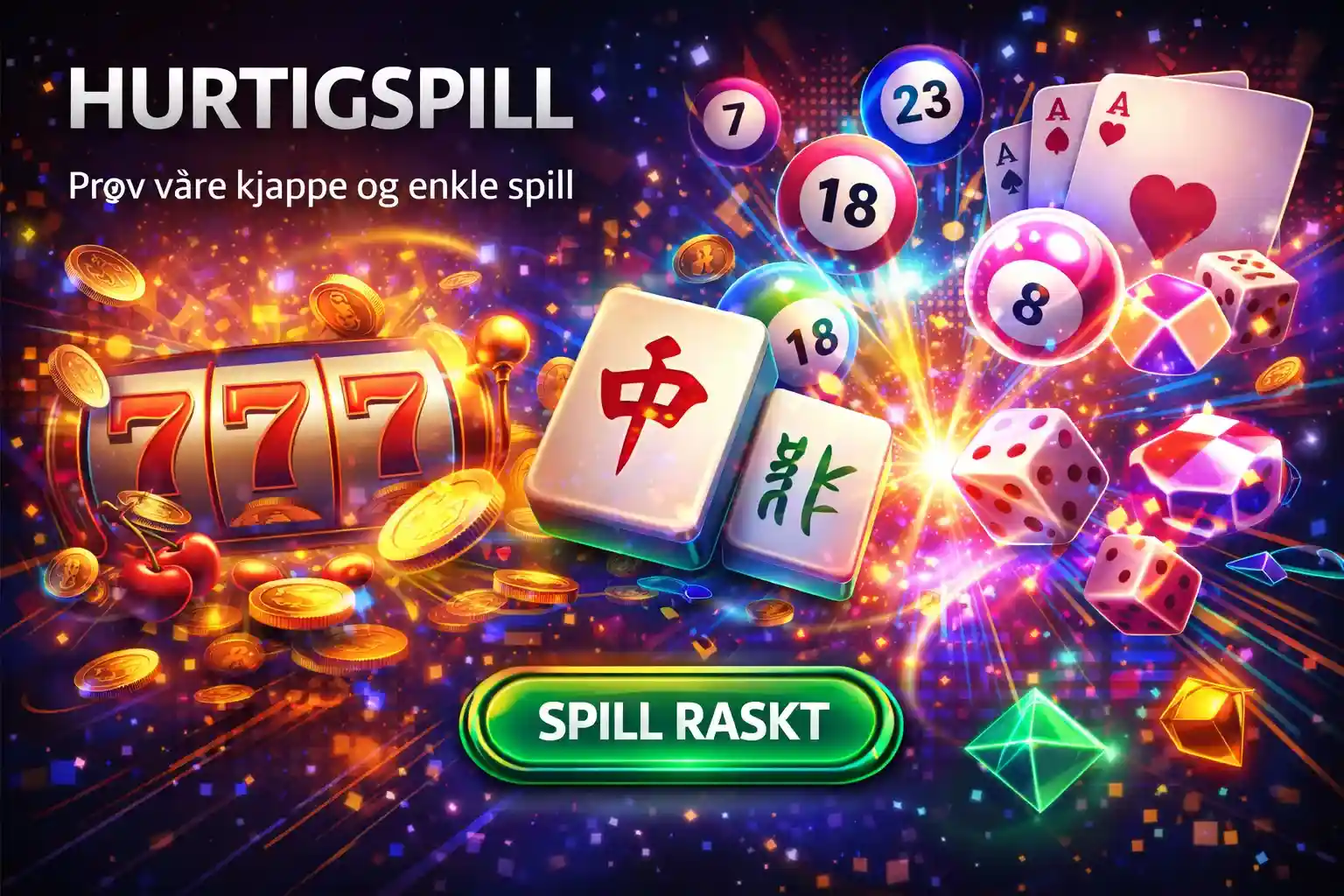 Bingo baller terninger og mahjong brikker som flyr gjennom luften for rask spenning