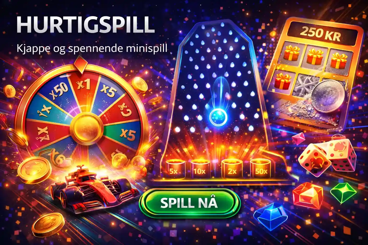 Plinko brett lykkehjul og racerbil som viser utvalget av kjappe og spennende minispill