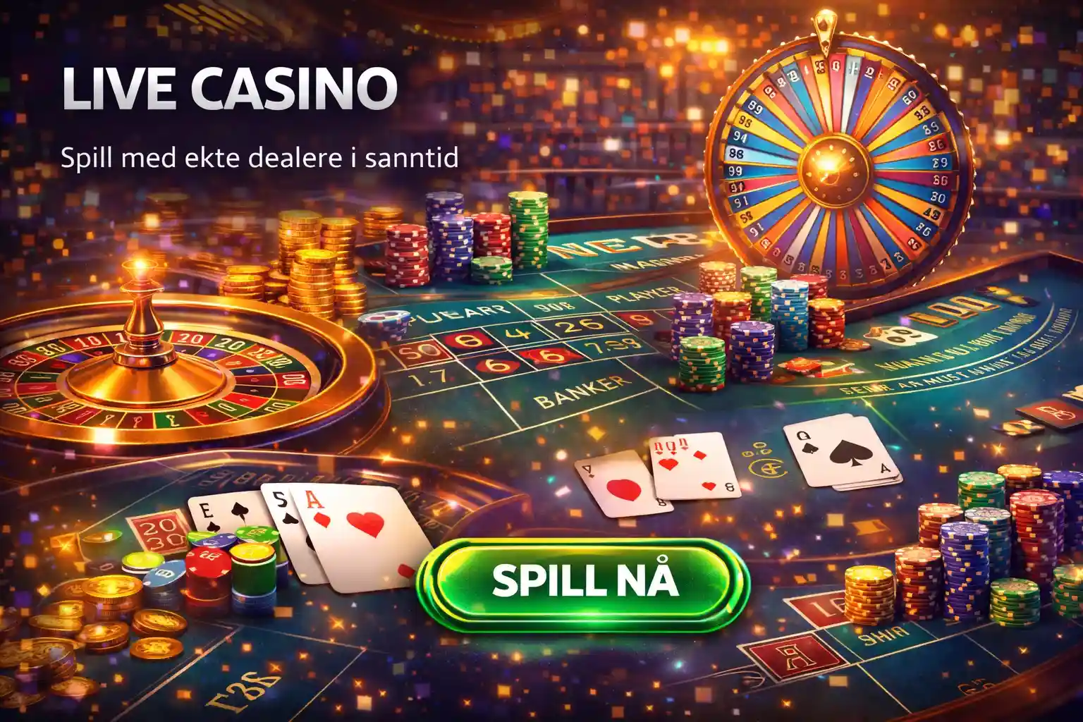 Nærbilde av et ruletthjul med sjetonger og kort i et autentisk live casino miljø