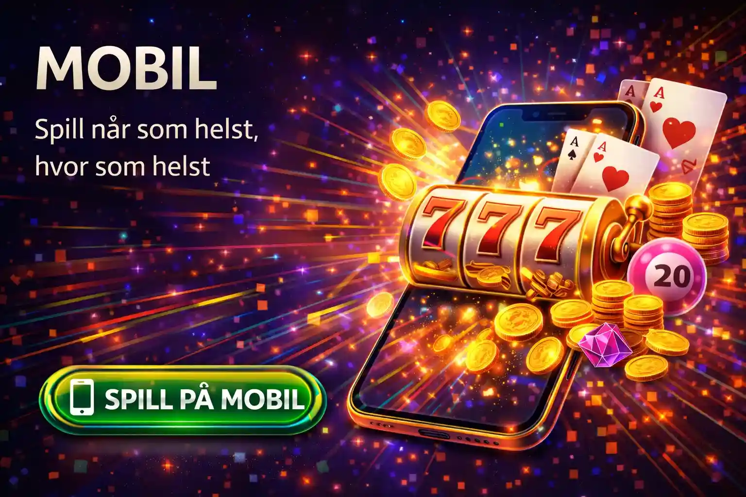 Smarttelefon som viser spilleautomater og kortspill med mynter som flyr ut