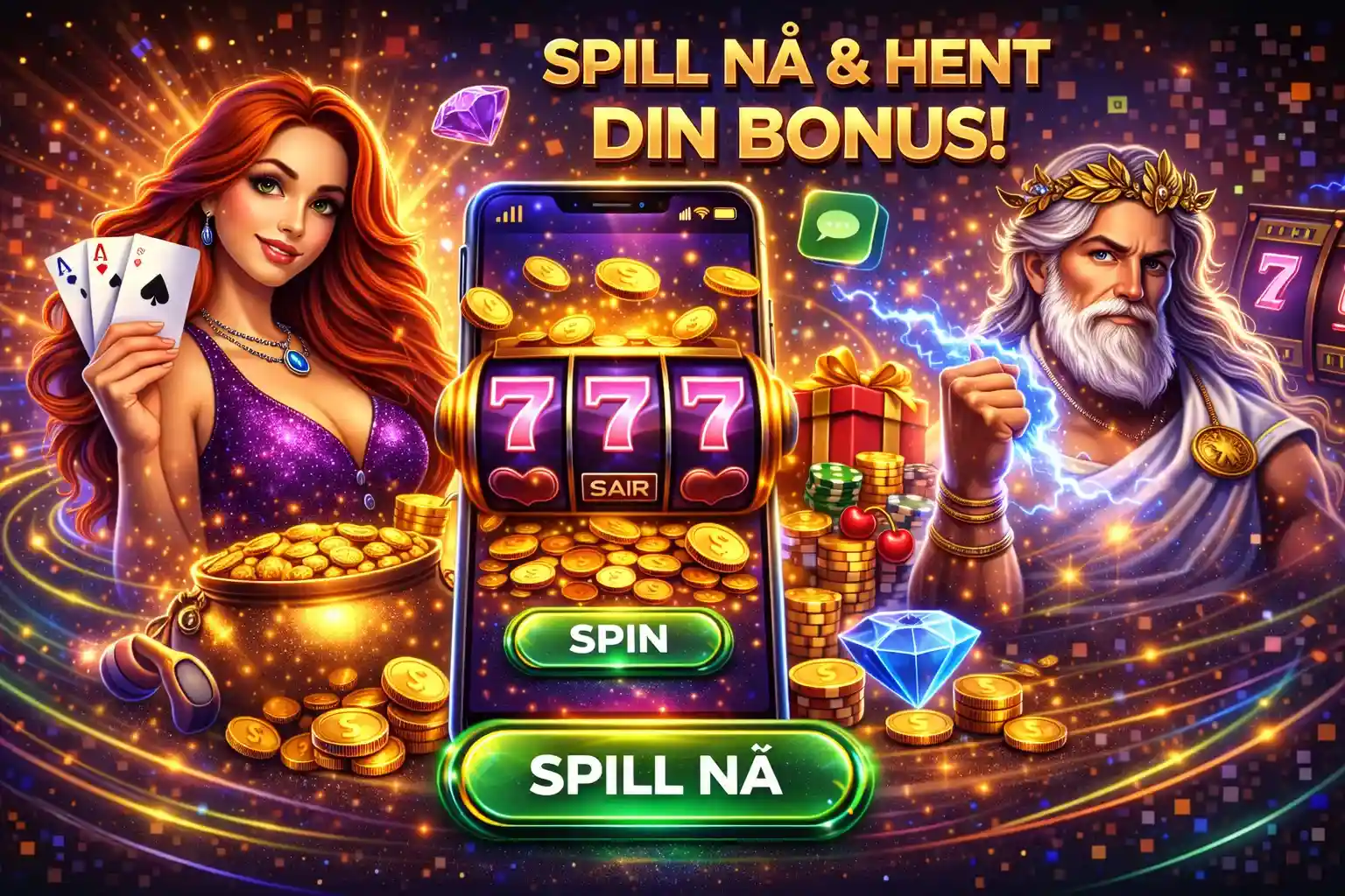 Zevs og en kvinne med kort som inviterer til spill på mobil med bonus