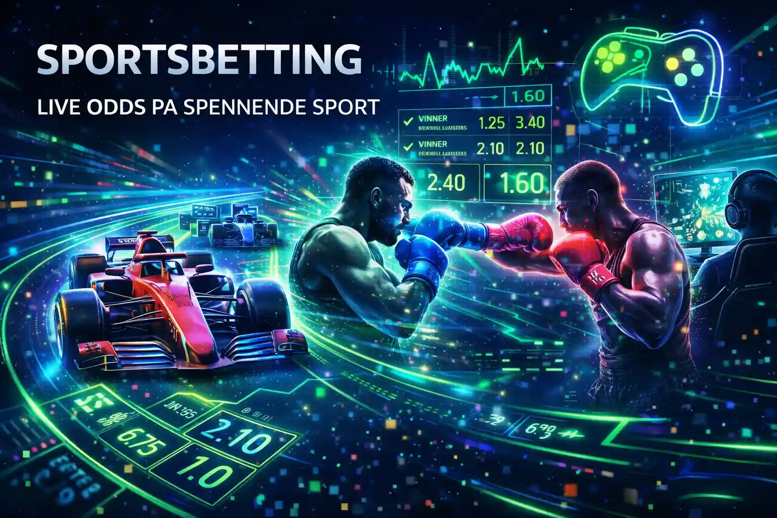 Actionfylt bilde av formel 1 bil og boksere som viser live odds på spennende sport